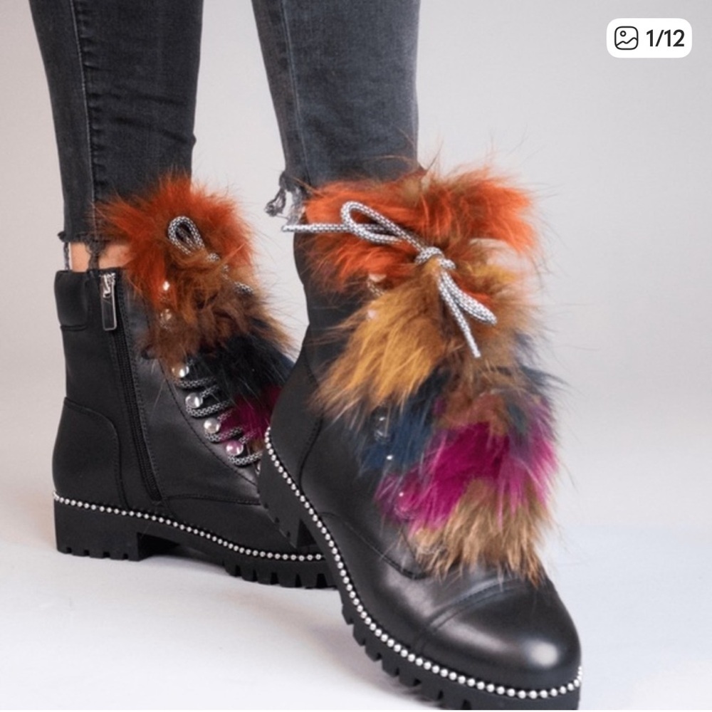 CECILIA NEW YORK Black Leather Trekker Boots with Multicolor Fur Trim